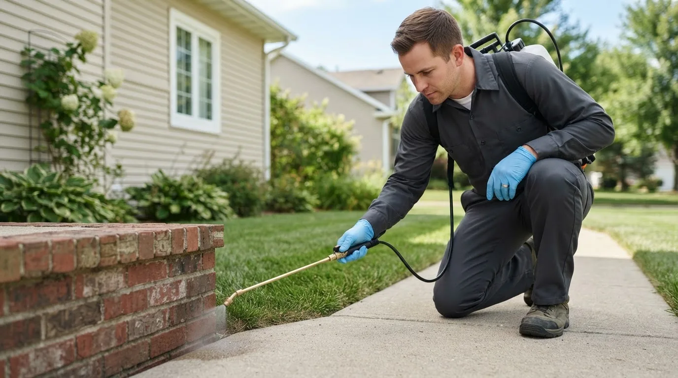 Pest control technician treating a home near Plano, IA