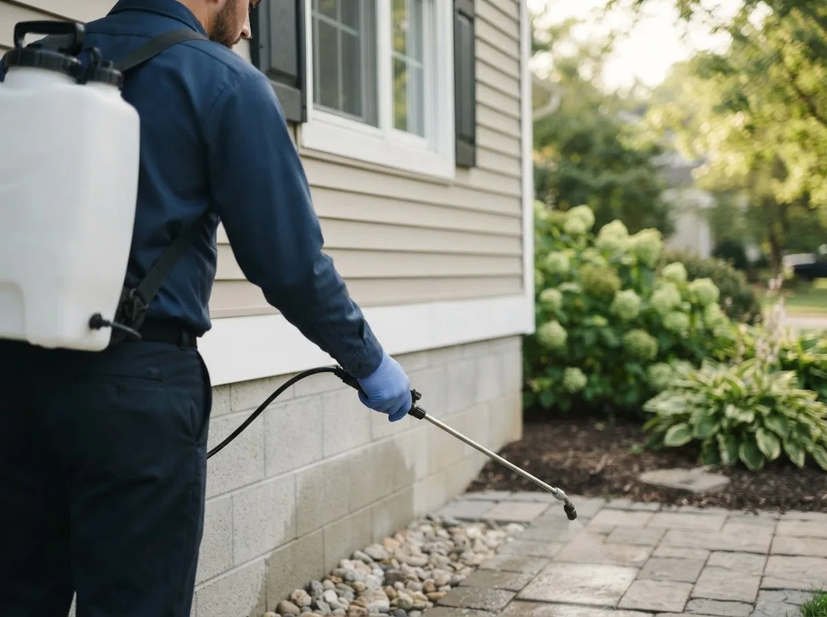 Pest control technician inspecting a home in Plano, IA